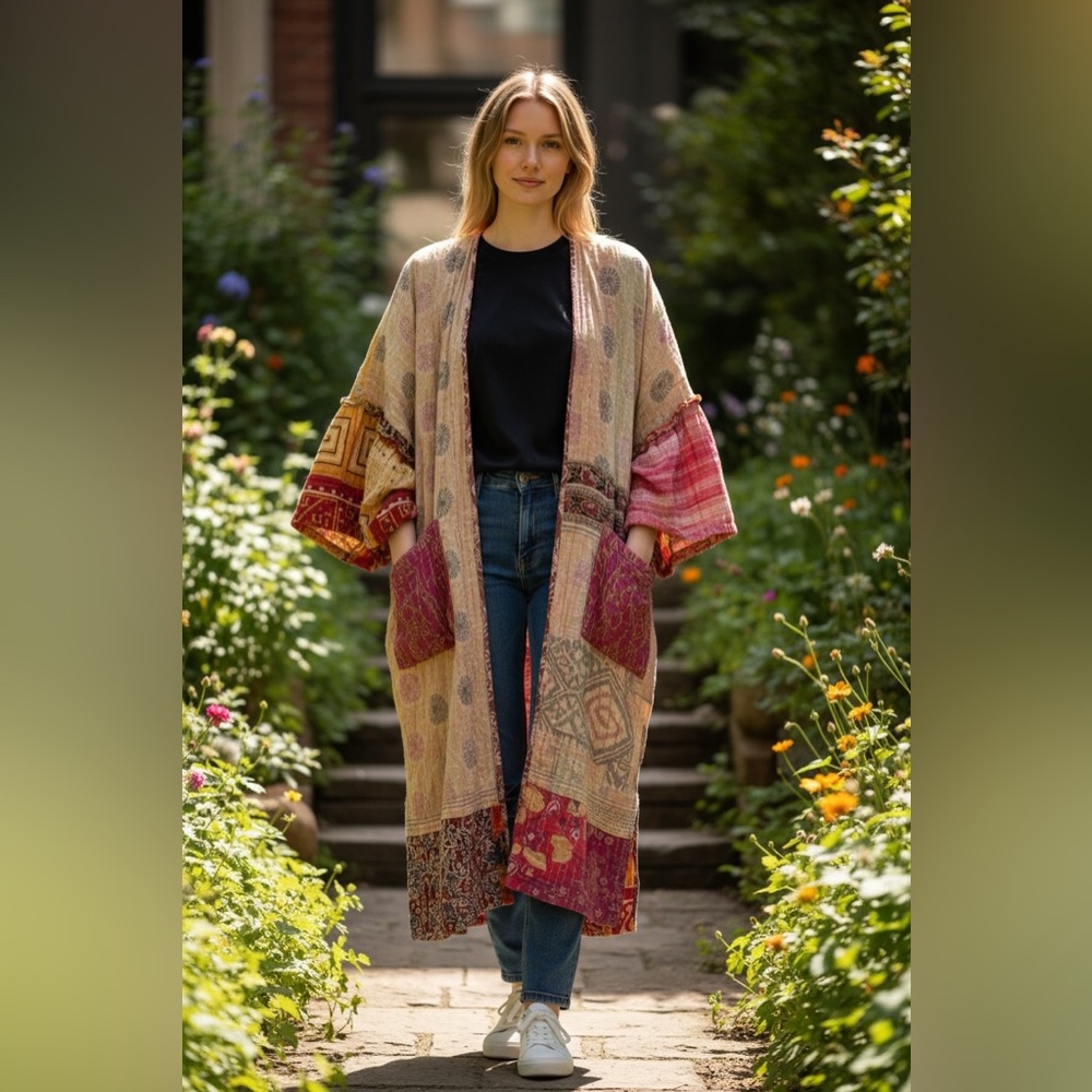 Rahab’s Rope Reversible Kantha Kaftan, Kimono, Duster, Free Size, Fits XS-XL